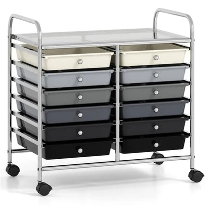 12-Drawer Rolling Storage Cart - 2-Row 10-Storey, Multicolor Drawers, 4 Wheels (2 Brake), -Gray - view 4