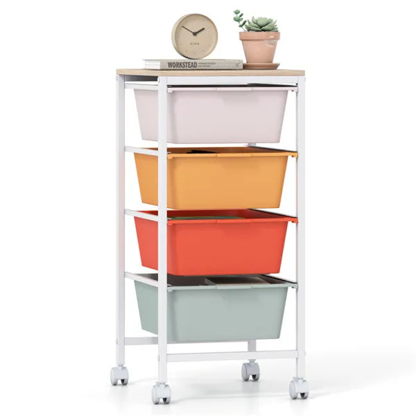 4-Drawer Rolling Storage Cart, Mobile Utility Organizer With MDF Wooden Top (Macaron) - view 2