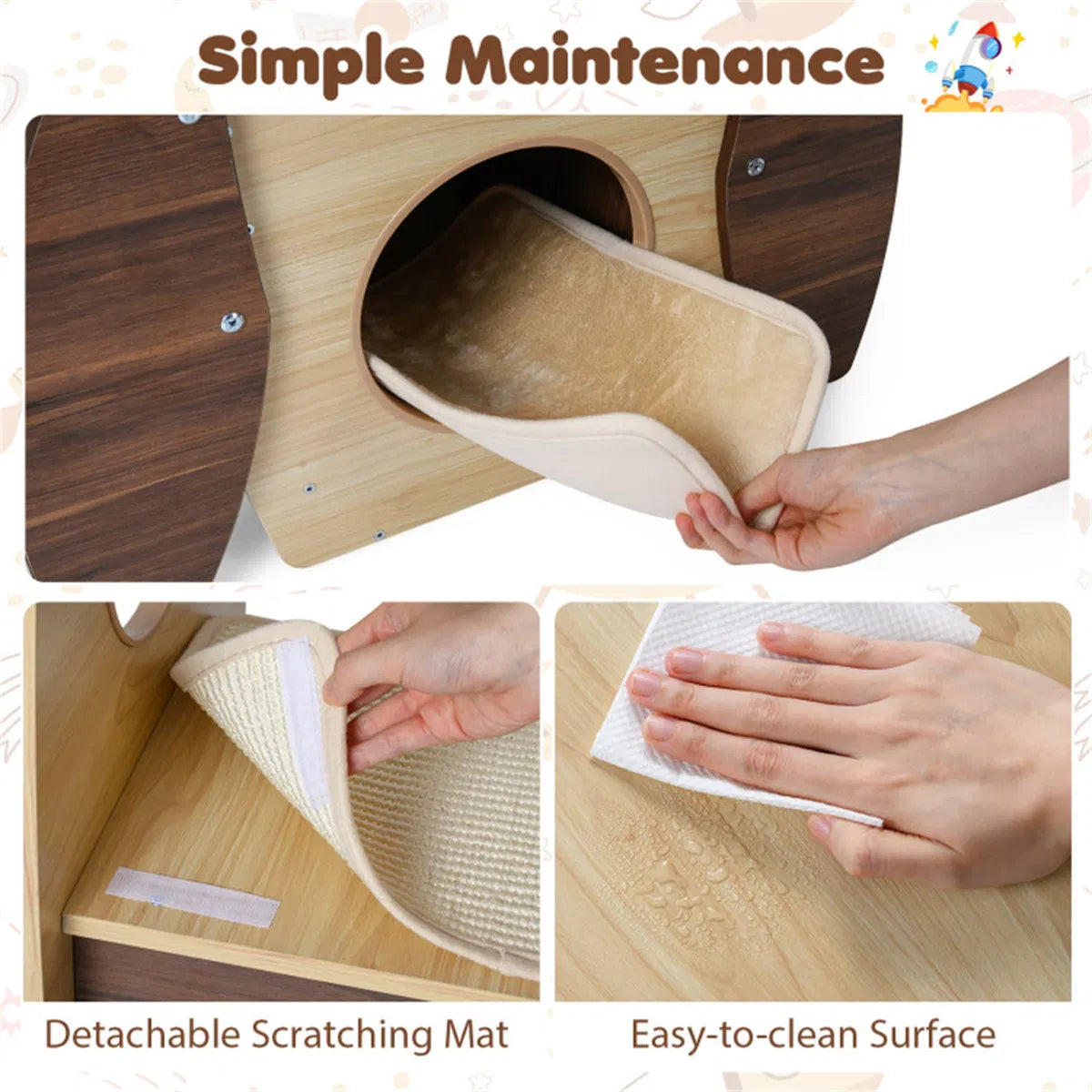4-Tier Rocket Shape Cat Tree with 2-Tier Condo Sisal Scratch Pad Hanging Pompom Natural+White - view 9