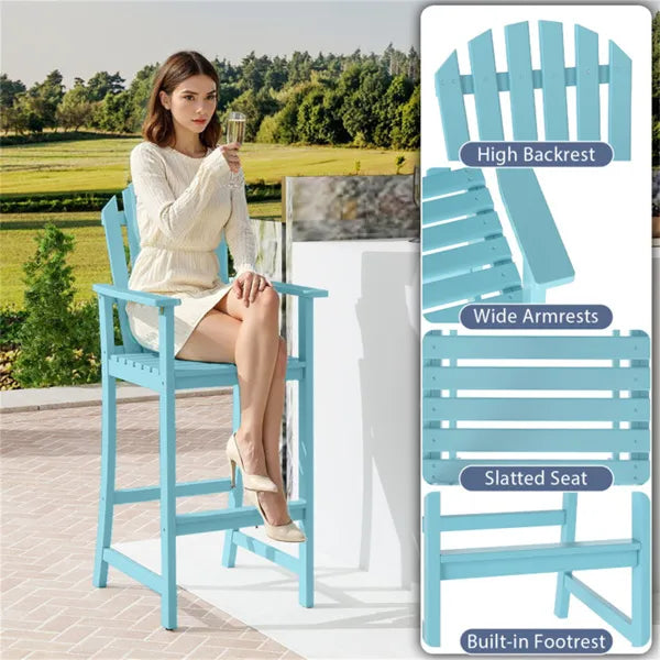 31" Seat Height Outdoor Bar Stool, Slatted Design Ergonomic Tall Chair For 40"-43" Bar Table-Turquoise - view 5