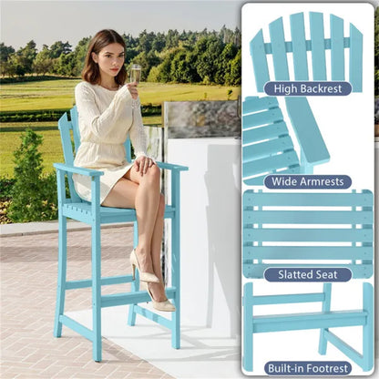 31" Seat Height Outdoor Bar Stool, Slatted Design Ergonomic Tall Chair For 40"-43" Bar Table-Turquoise - view 5