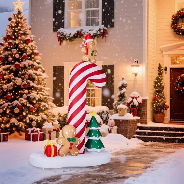 8.2FT Lighted Christmas Inflatable Decoration, Inflatable Giant Candy Cane With Gingerbread Men