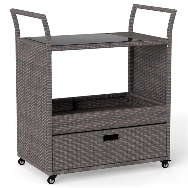 Handwoven PE Rattan Outdoor Bar Cart With Tempered Glass Top & Drawer, 4 Wheels With Brakes Serving Cart For Patio - view 3
