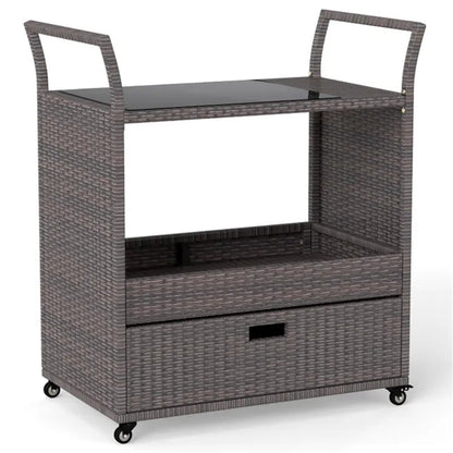 Handwoven PE Rattan Outdoor Bar Cart With Tempered Glass Top & Drawer, 4 Wheels With Brakes Serving Cart For Patio - view 3