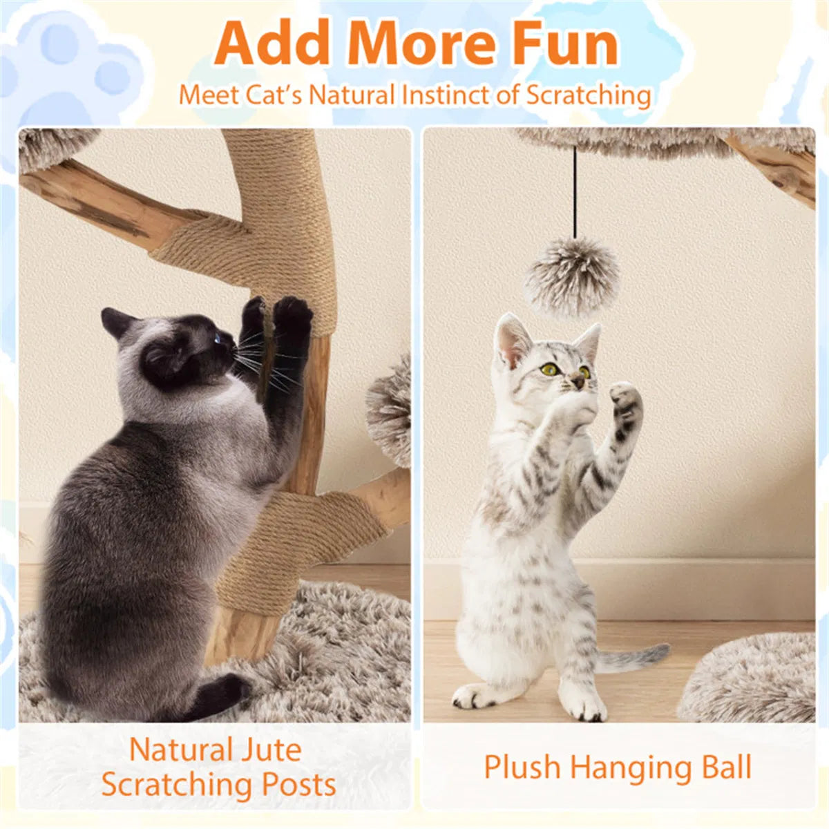 4-Level Natural Pear Wood Cat Tree - 19.5" x35.5", Jute Scratch Posts + Plush Ball, Long Plush - view 4