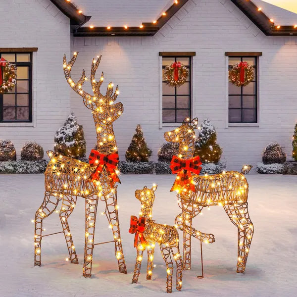 3-Piece Lighted Christmas Reindeer Family Set Outdoor Decorations, Weather Proof Rattan Deer Family Set Of 3 Christmas - view 9