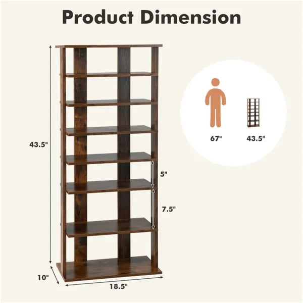 7-Tier Double-Row Shoe Rack With Adjustable Shelves, Anti-Tipping Narrow Storage Rack For Entryway Closet-Rustic Brown - view 2