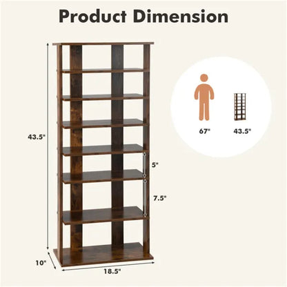 7-Tier Double-Row Shoe Rack With Adjustable Shelves, Anti-Tipping Narrow Storage Rack For Entryway Closet-Rustic Brown - view 2