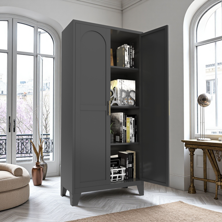 61'' 2 Shapely Doors Cabinet, Metal Storage Cabinet With Doors And Adjustable Shelves, For Bedroom, Living Room Black - view 10