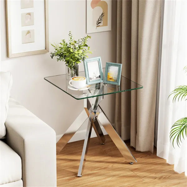 20" X 20" X 22.5" Glass Side Table, Silver Tempered Glass End Table With Intersecting Metal Base - view 4