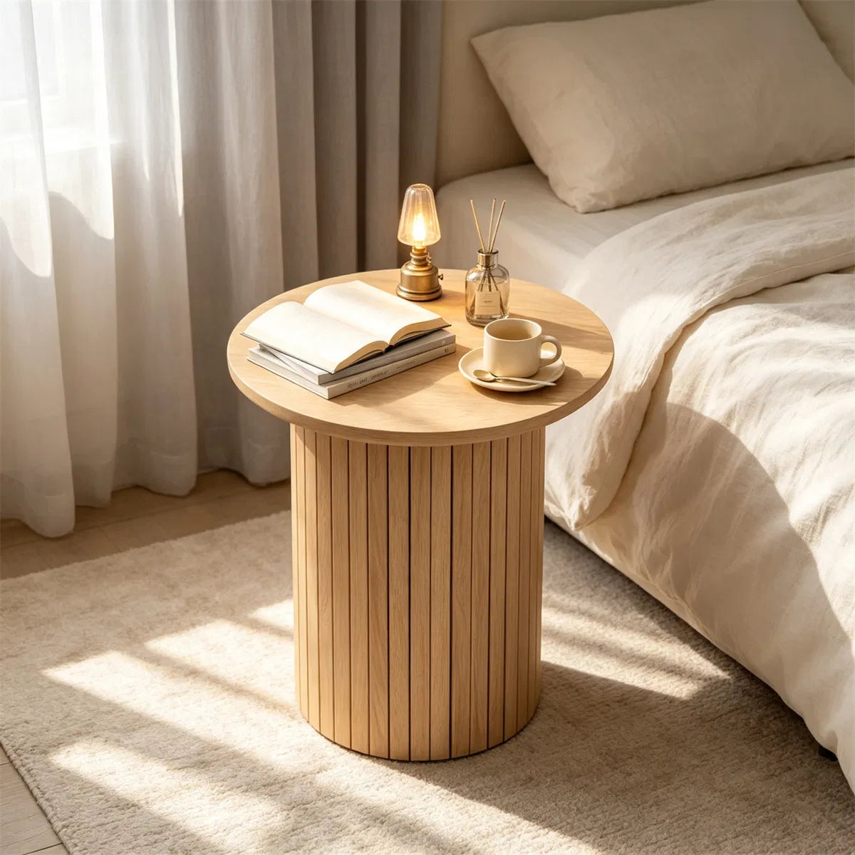 Minimalist Round Pedestal Side Table, Space-Saving Stable Nightstand with Rounded Edges & Anti-Slip Pads - view 4