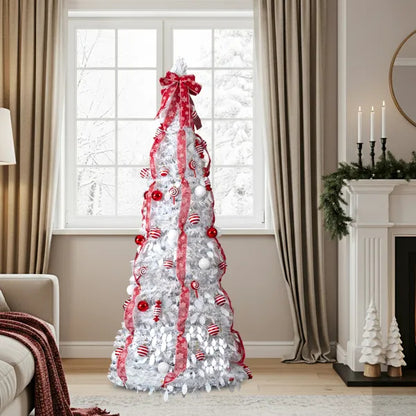 6 FT Fully Decorated Pre-lit Christmas Tree, Pop Up Artificial Xmas Tree With 100 Warm Lights And Red Ornaments - view 10