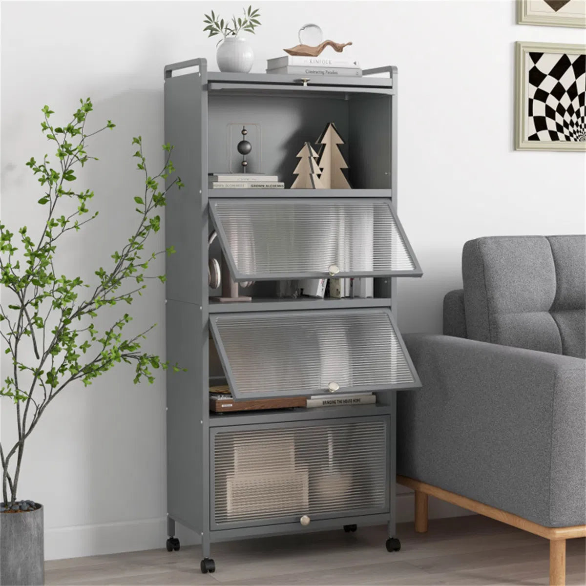 5-Tier Rolling Microwave Stand Flip Dust-Proof Doors 4 Casters with Brakes Kitchen Storage Rack Gray - view 7