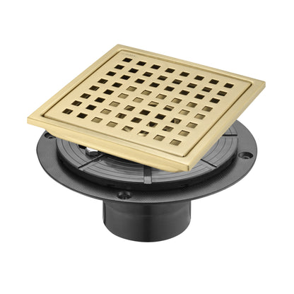6 Inch Square Shower Drain With Removable Square Patterned Grate, 304 Stainless Steel With Flange And Hair Strainer