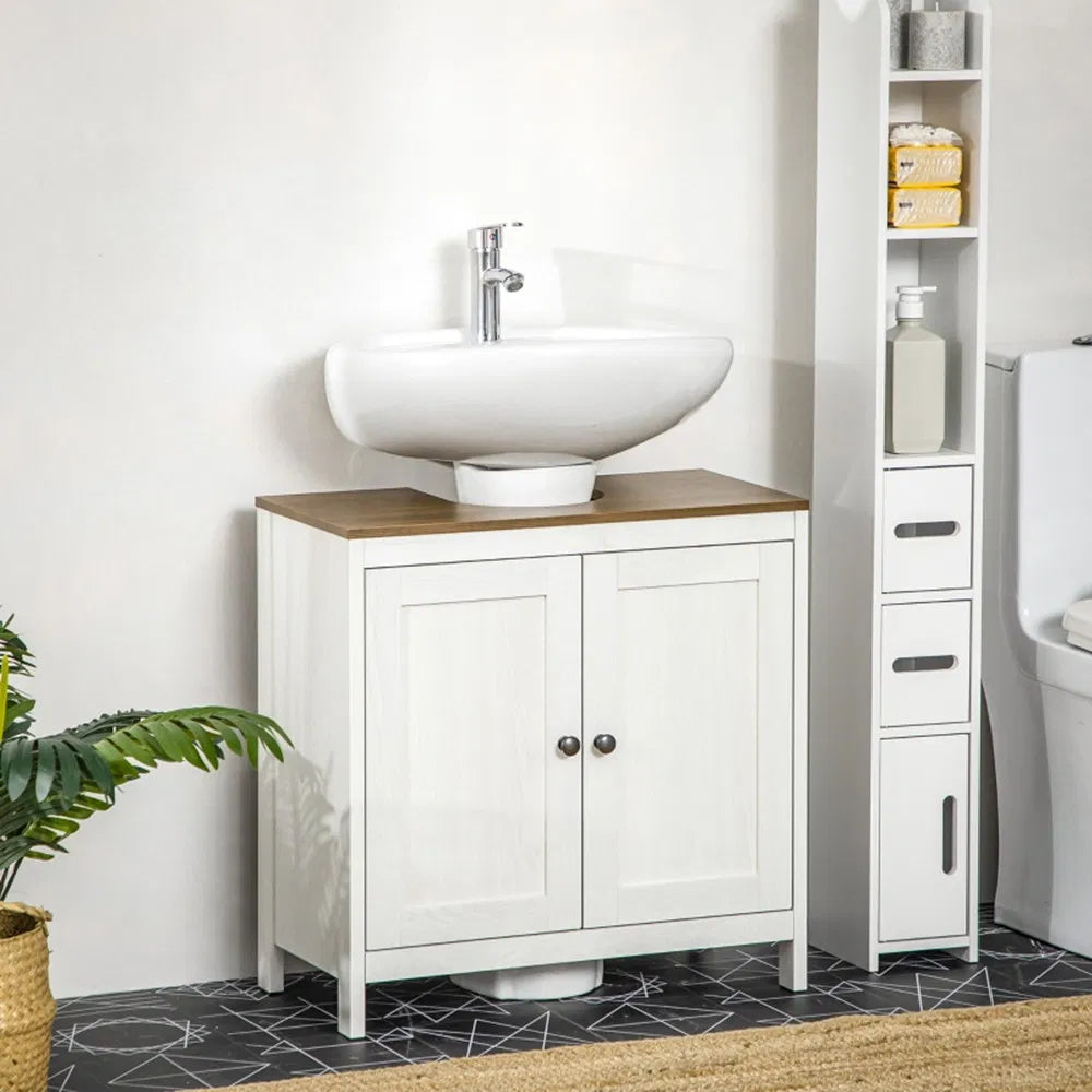 Pedestal Sink Storage Cabinet, Under Sink Cabinet with Double Doors, Antique White, Walnut-AS