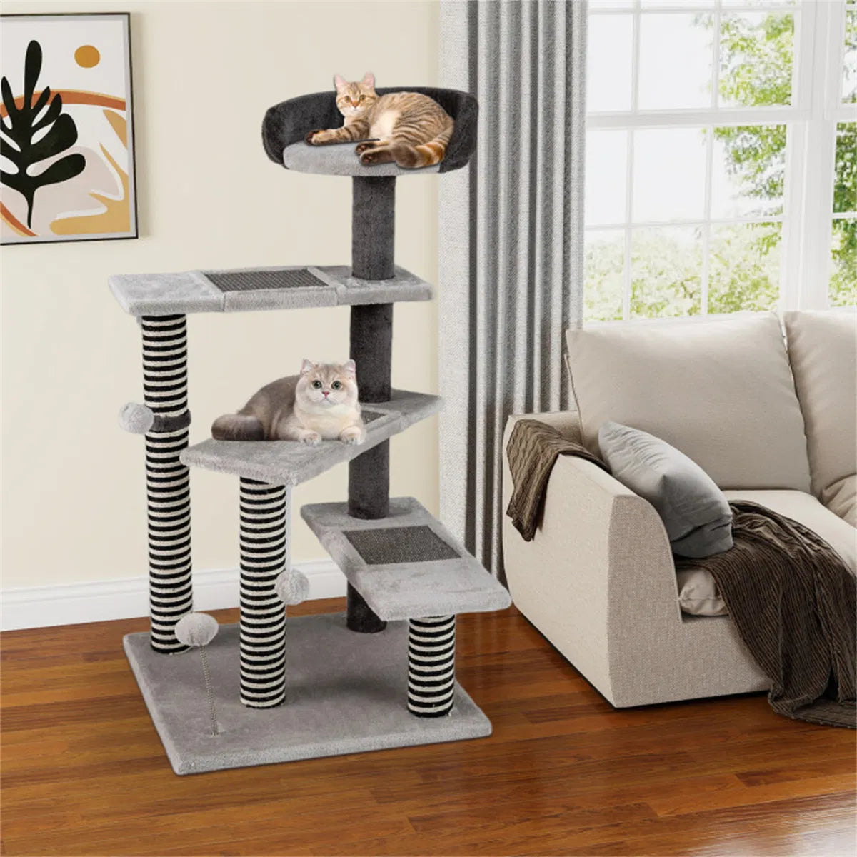37" tall Cat Stairs with Scratching Mats - 3-Tier Perches, Spring Ball & Dangling Toys for Cats - view 3