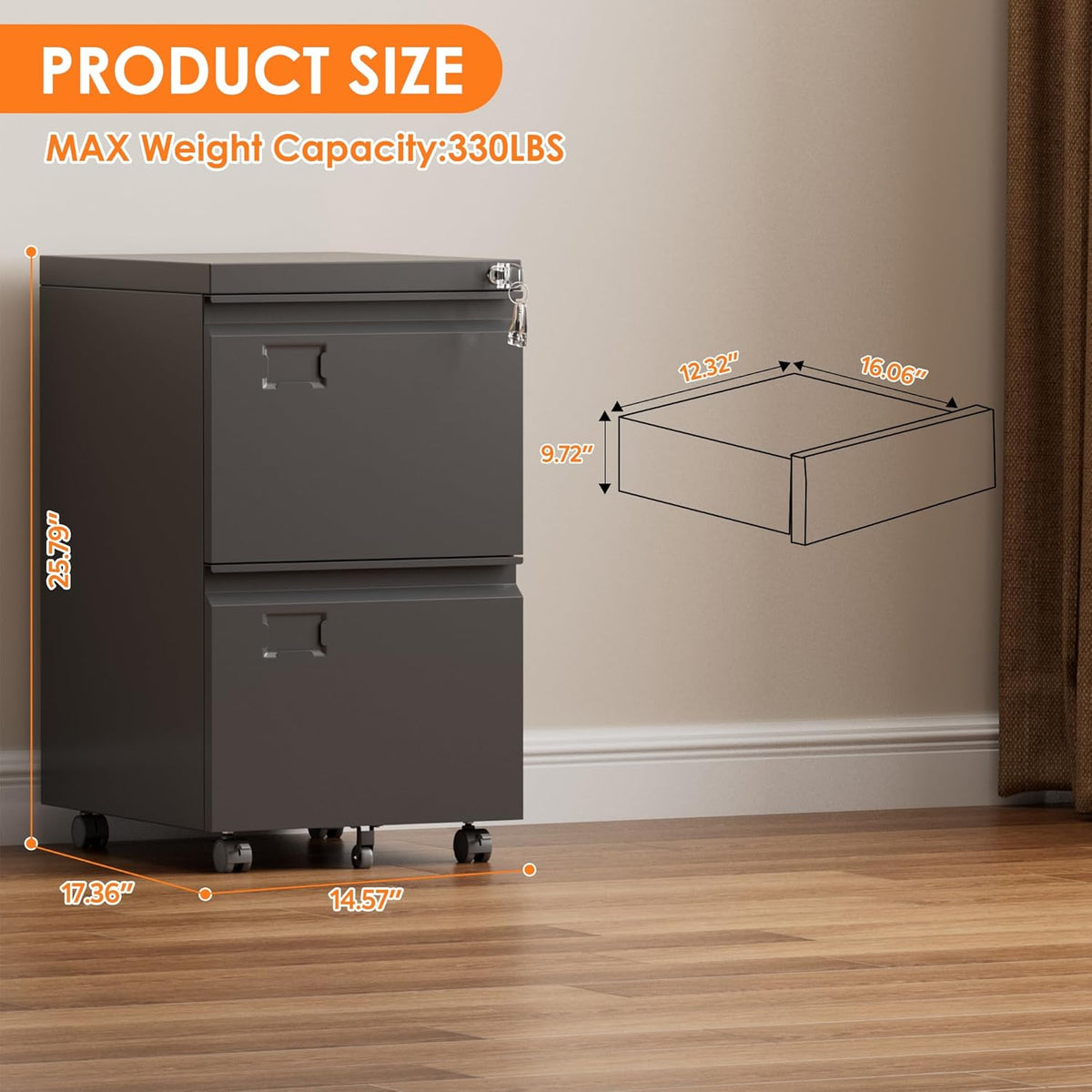 2 Drawer Mobile File Cabinet, Metal Under Desk Cabinet With Lock Name Card Holder For Office Home, Legal Letter Size - view 2
