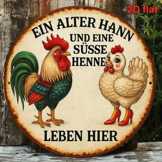 1pc 8x8 Inch Round French Aluminum Sign, Vintage Rooster & Cute Hen Farm Animal Decorative Plaque