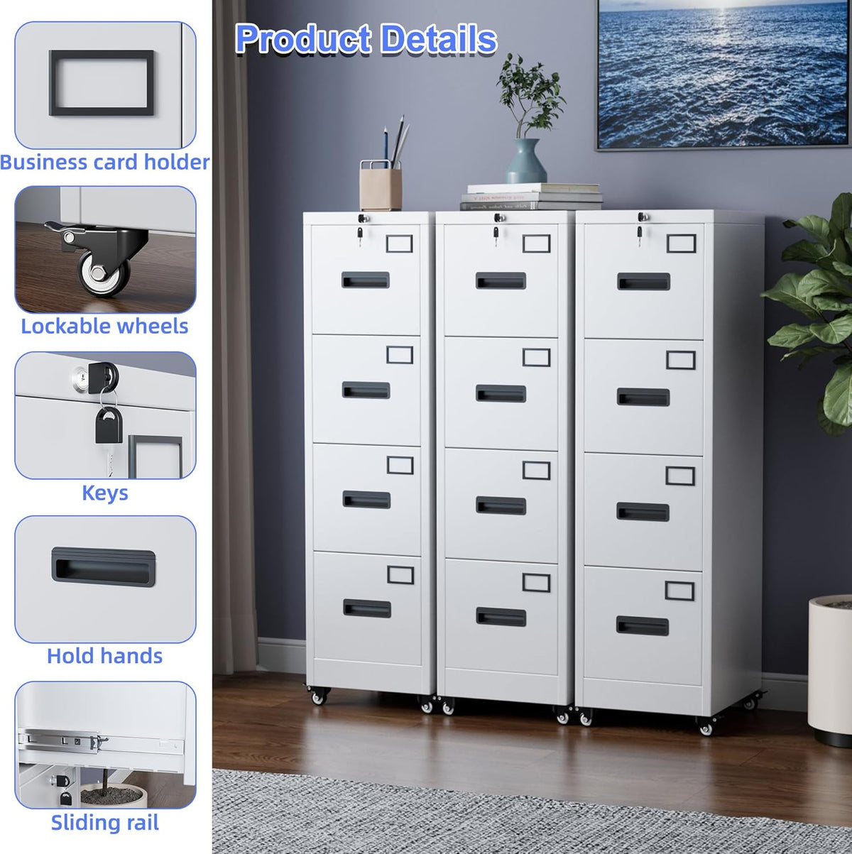 METAN 4 Drawer Vertical File Cabinet On Wheels, Lockable Office Files Storage Cabinet With Handle And Name Card - view 3
