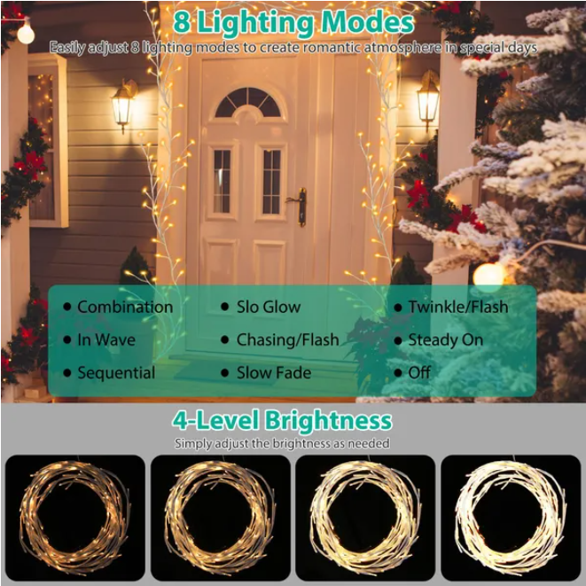 Birch Flower Wreath With Light String And Timer, 8 Modes, IP45 Waterproof - view 2