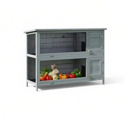 54" 2-Story Large Rabbit Hutch, Bunny Cage, Wooden Pet House, Small Animal Habitat, Gray with Lockable Doors, Tray, Roof - view 7