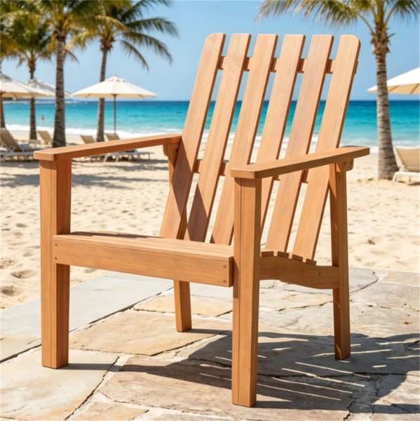 Natural Finish Acacia Wood Adirondack Chair, Ergonomic Backrest & Extra Armrests Heavy Duty Outdoor Lounge Chair