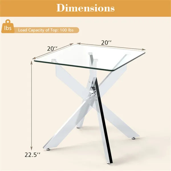 20" X 20" X 22.5" Glass Side Table, Silver Tempered Glass End Table With Intersecting Metal Base - view 5