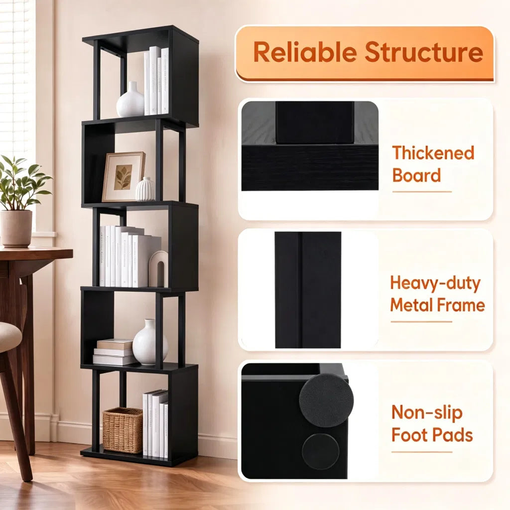 5-Tier S-Shaped Bookshelf, Modern Geometric Freestanding Display Shelf with Heavy-Duty Metal Frame - view 8