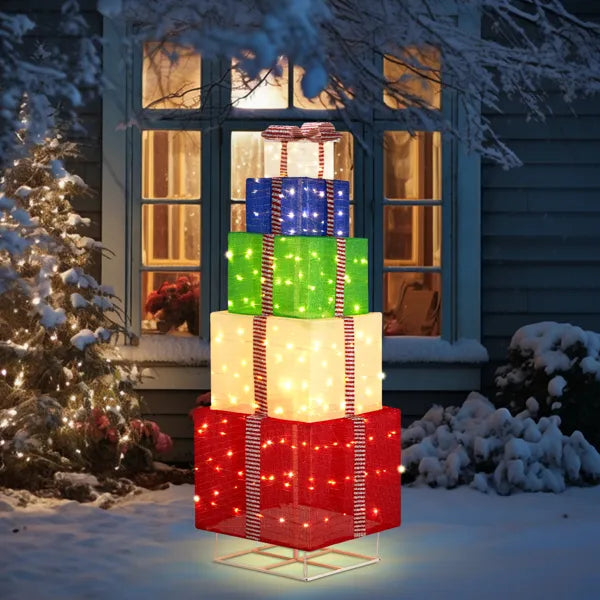 6FT Lighted Gift Box Tower, Pre-lit Pull Up Present Boxes with 200 LED Warm White Lights and Ropes Stakes for Christmas - view 2