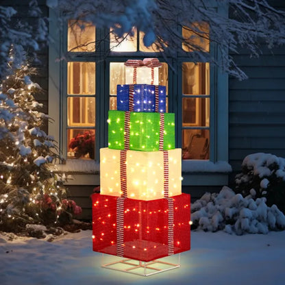 6FT Lighted Gift Box Tower, Pre-lit Pull Up Present Boxes with 200 LED Warm White Lights and Ropes Stakes for Christmas - view 2