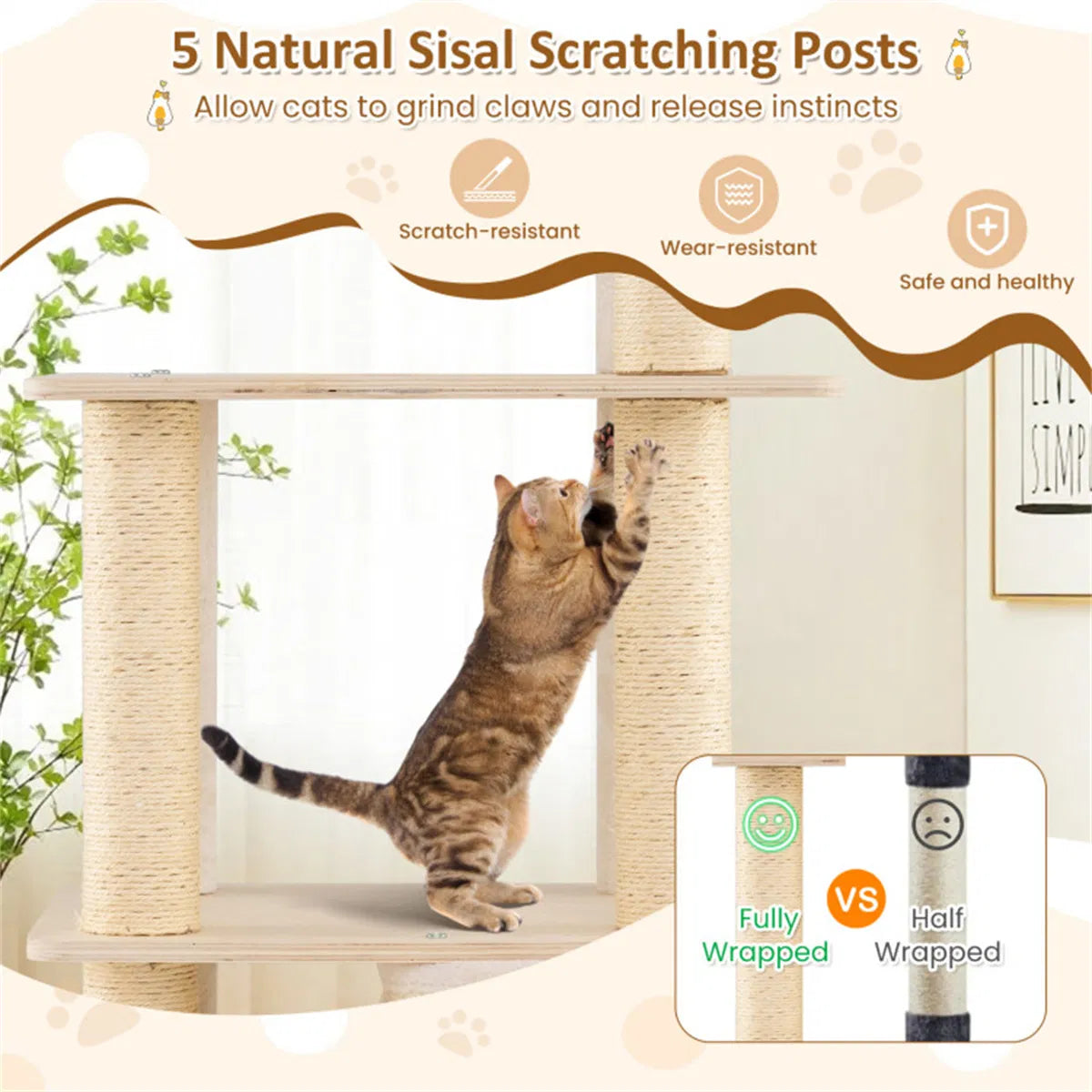 63" Wooden Cat Tree - 2-Story Condo with Bamboo Interior, 5 Sisal Scratching Posts, 44 lbs Per Layer Capacity - view 7