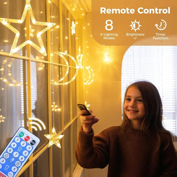Ramadan Solar Icicle Lights,Outdoor Waterproof Moons Stars Curtain Window String With 8 Modes Timer Remote
