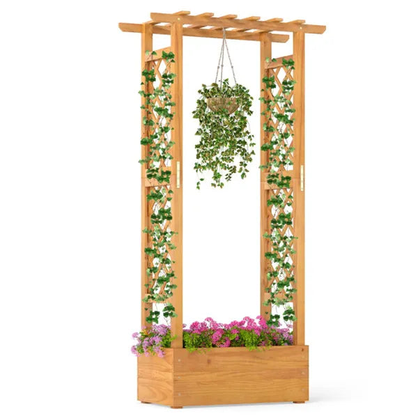 60" Tall Elevated Wooden Garden Bed, 44 LBS Roof Capacity Planter Box With 2 Side Trellises For Patio Backyard