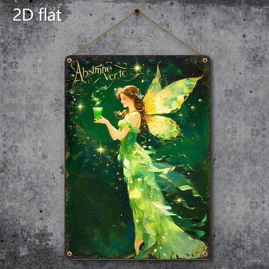 Vintage Fairy Metal Wall Decor 8x12 Inch, Magical Fairy With Cup Green & Golden Iron Sign
