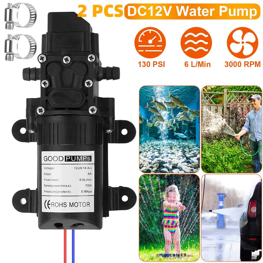 12V Water With 2 Hose Clamps 130PSI Self Priming Sprayer 70W Electric Diaphragm Water 6L Min For RV Camper Marine Boat - view 2