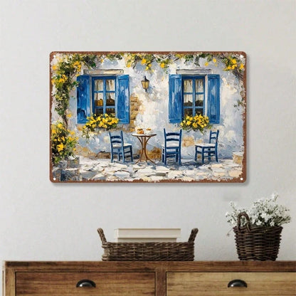 Vintage Greek Caf | Blue Door Floral Metal Tin Sign Heavy-Duty Waterproof Rustproof Iron Poster 11.81x7.87Inch Retro - view 4
