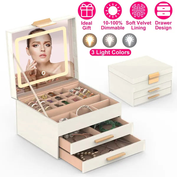 Jewelry Box With LED Mirror 3-Layer Jewelry Organizer With 2 Drawers PU Jewelry Holder With 3 Mirror Light Colors
