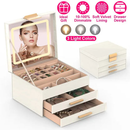 Jewelry Box With LED Mirror 3-Layer Jewelry Organizer With 2 Drawers PU Jewelry Holder With 3 Mirror Light Colors