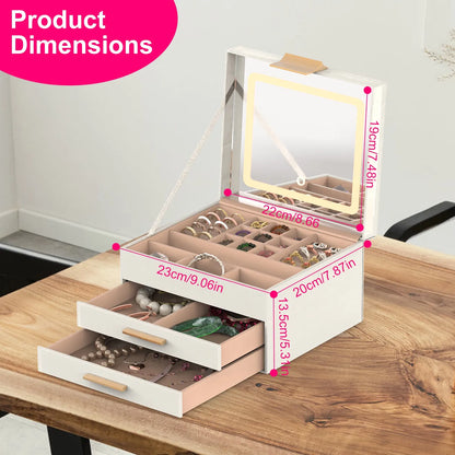 Jewelry Box With LED Mirror 3-Layer Jewelry Organizer With 2 Drawers PU Jewelry Holder With 3 Mirror Light Colors - view 10