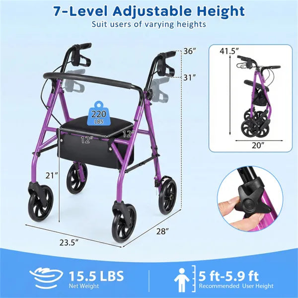 2-in-1 Rollator Walker With Seat (Purple), 8-Inch Large Wheels & Versatile Braking System, Adjustable Height - view 2