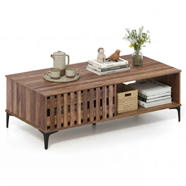 47 Inch Mid-Century Coffee Table With Storage Cabinets & Open Compartment