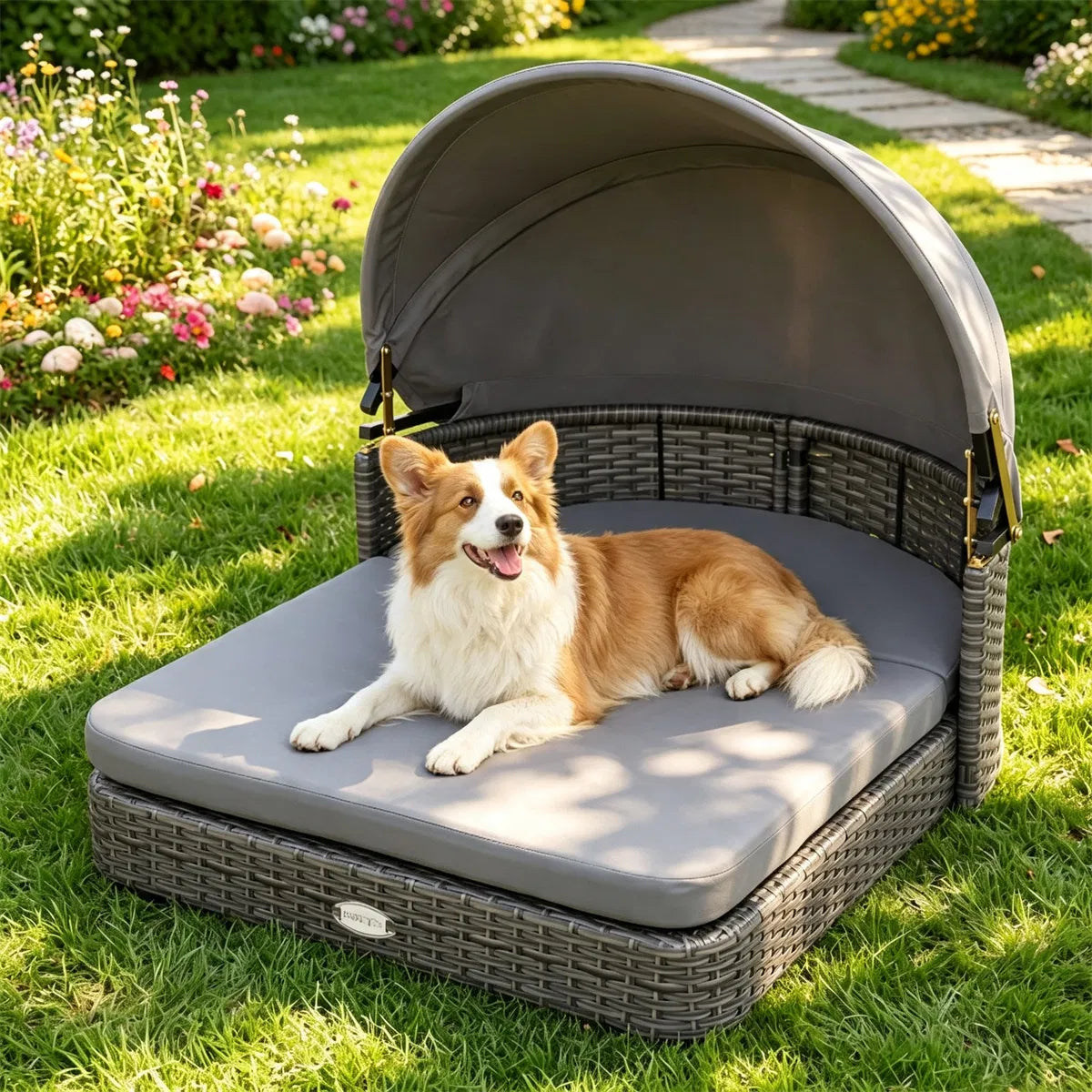Gray Hand-Woven PE Rattan Dog Bed with Adjustable Canopy, Elevated Outdoor Pet Daybed with Washable Plush Cushion - view 2