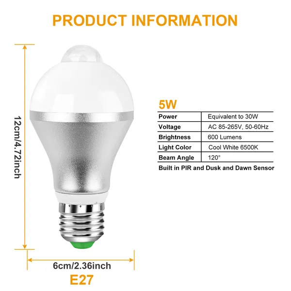 E27 Motion Sensor Light Bulb 9W 5W 6500K Dusk To Dawn - view 4
