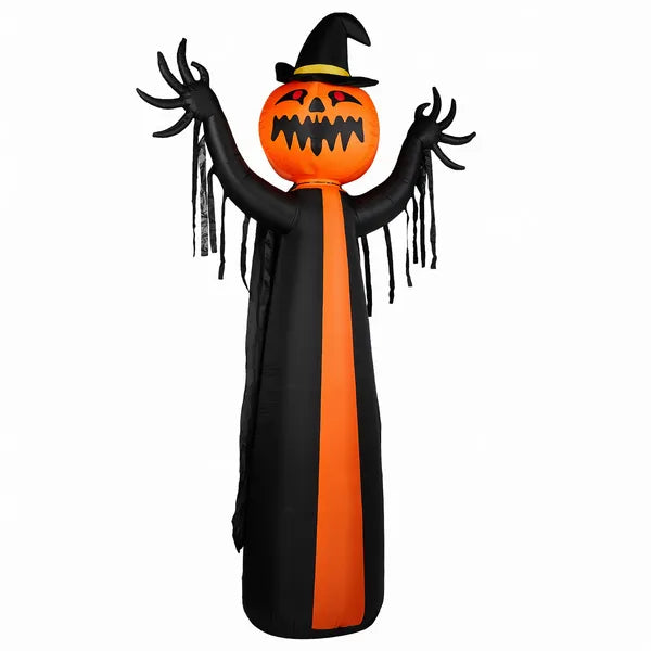10ft Inflatable Halloween Decor With Rotatable Head Pumpkin Ghost In Cape, 6 Built-in LED Lights, Black & Orange