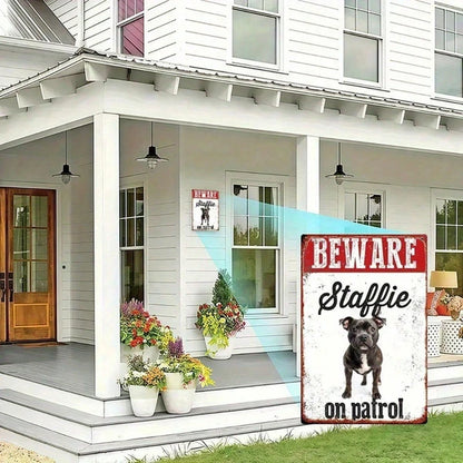 Vintage Metal Sign "Beware Staffie On Patrol" 8x12 Inch Rustic Farmhouse Wall Decor Humorous Warning Plaque Durable Tin - view 5