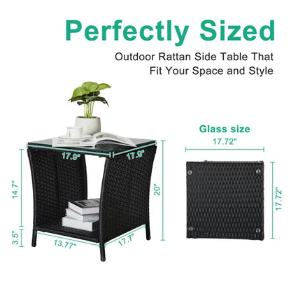 Outdoor Patio Wicker Side Table, Square End Table Bistro Coffee Table With Glass Top Storage Shelf For Porch Garden - view 3