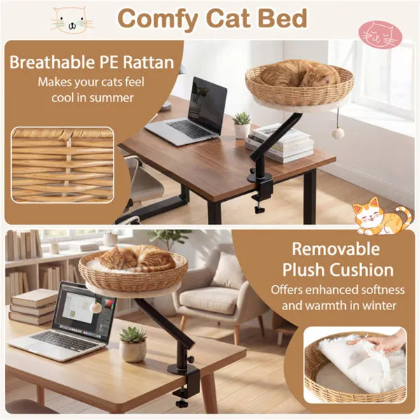 360° Rotatable Desktop Cat Bed Perch, 2-in-1 Workspace Cat Retreat With Jingling Ball (Natural + Black + White) - view 2