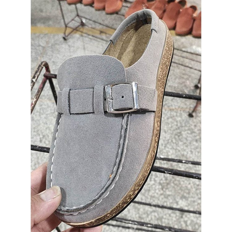 Frosted Suede Round Head Belt Buckle One Pedal Flat Comfortable Foam Bottom Slippers - view 8