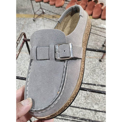 Frosted Suede Round Head Belt Buckle One Pedal Flat Comfortable Foam Bottom Slippers - view 8