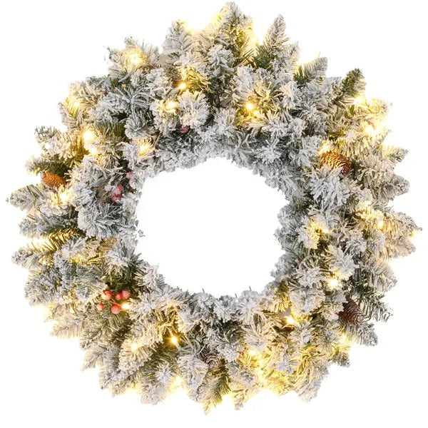 24 Christmas Front Door Wreath With Lights Flocked Christmas Wreath With Pine Cones And Berries For Windows Green